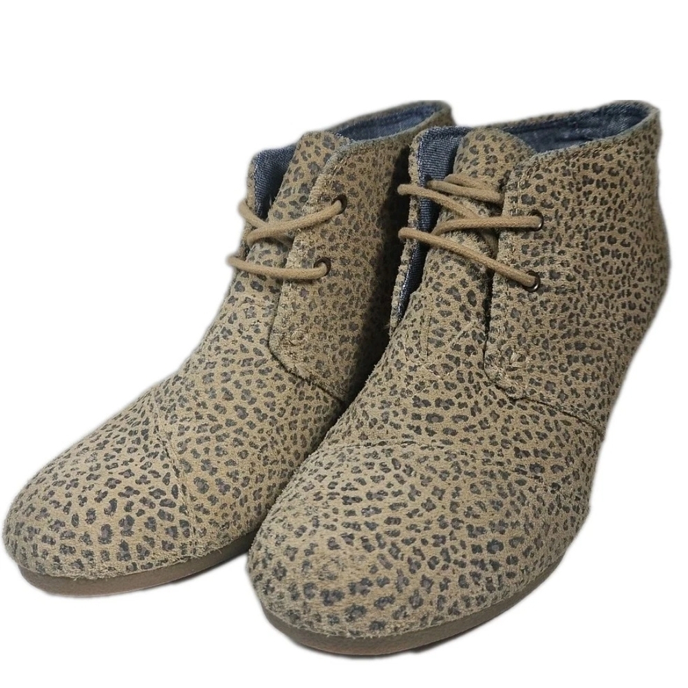 Toms Women Bootie Sz 7.5 Brn Fabric Animal Print Wedge Heel Y2k Boho  Cottage[5D